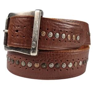 Adriano Goldschmied AG Brown Leather Silver Brass Gold Tone Logo Studded Belt 32